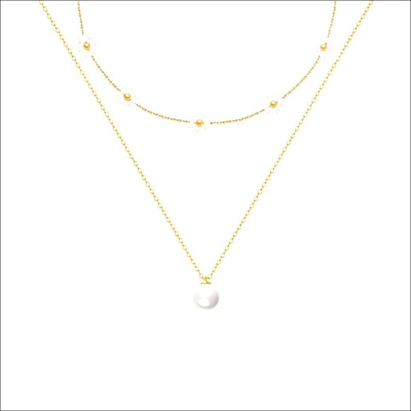 Jewelry - Gold-Plated Pearl Daisy Layered Necklace, 16 Inch Chain, Hypoallergenic